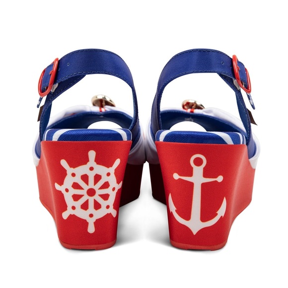 Chocolaticas ANCHOR Red White Blue Sailor Pin-Up Peep Toe Sling Back Platform - Picture 9 of 13